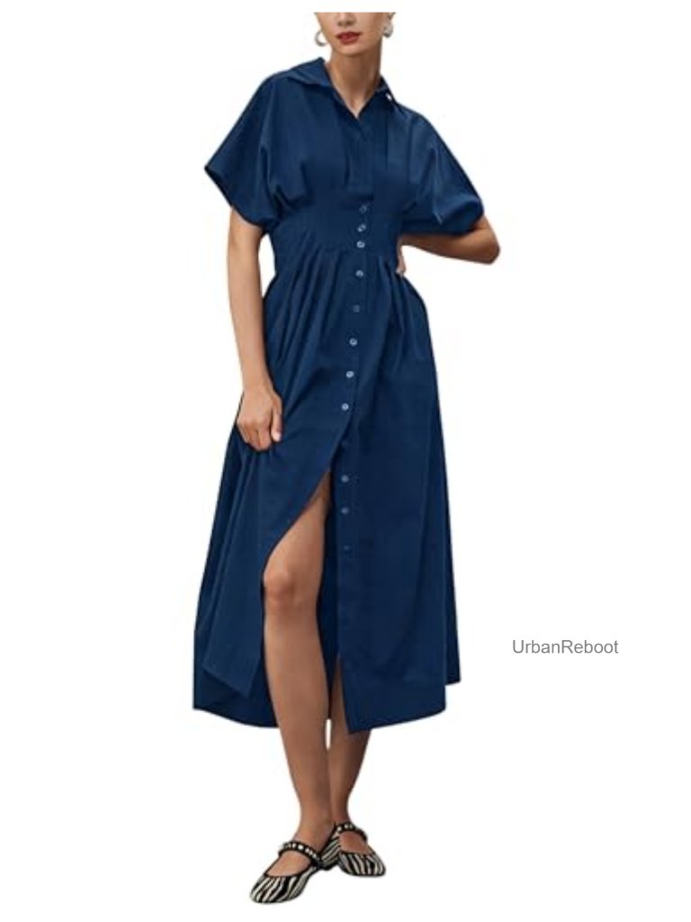 Summer Casual Short Sleeve Button Down Loose Pleated Maxi Sundress With Pockets